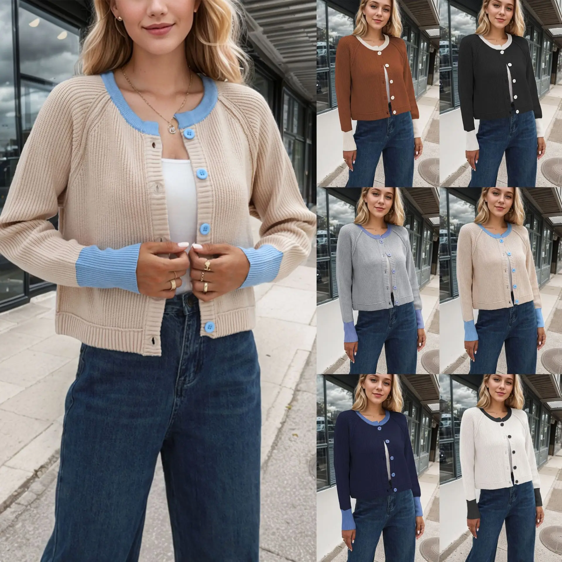 

Женский кардиган KIDCRKJ с цветными блоками, на одной пуговице, вязаный, с открытым узором, укороченный, с рукавами реглан, для женщин