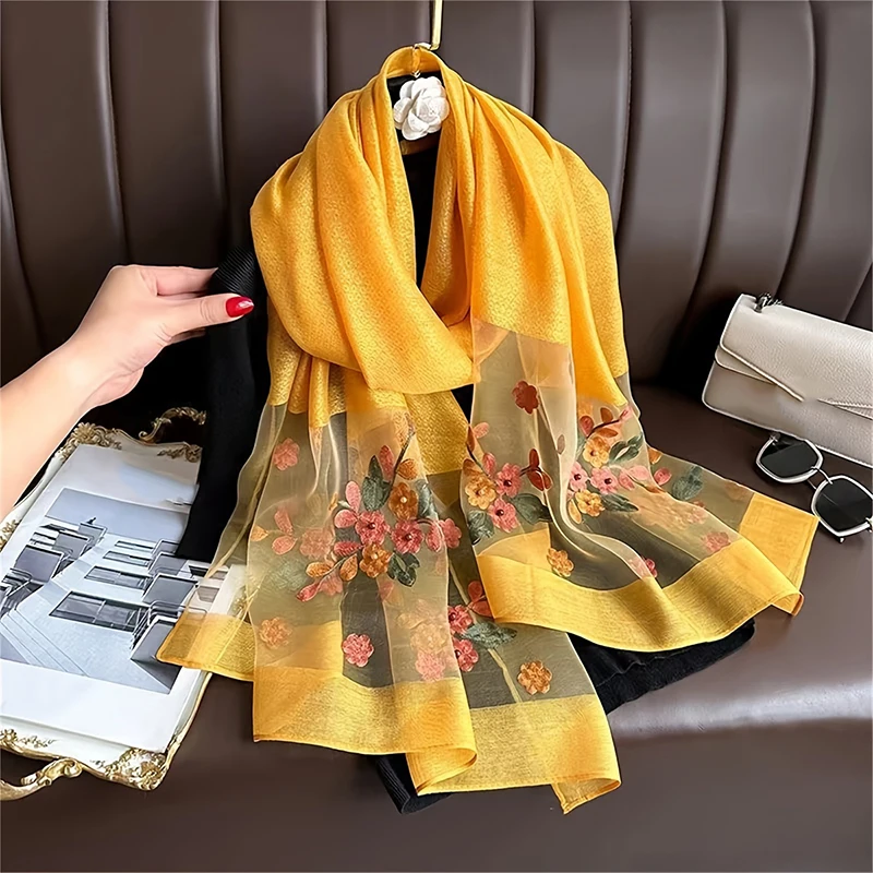 2024 Luxury Silk Embroidery Flowers Shawl Scarf for Women Design Hijab Wraps Lady Scarves Female Headkerchief Fouloud Echarpe