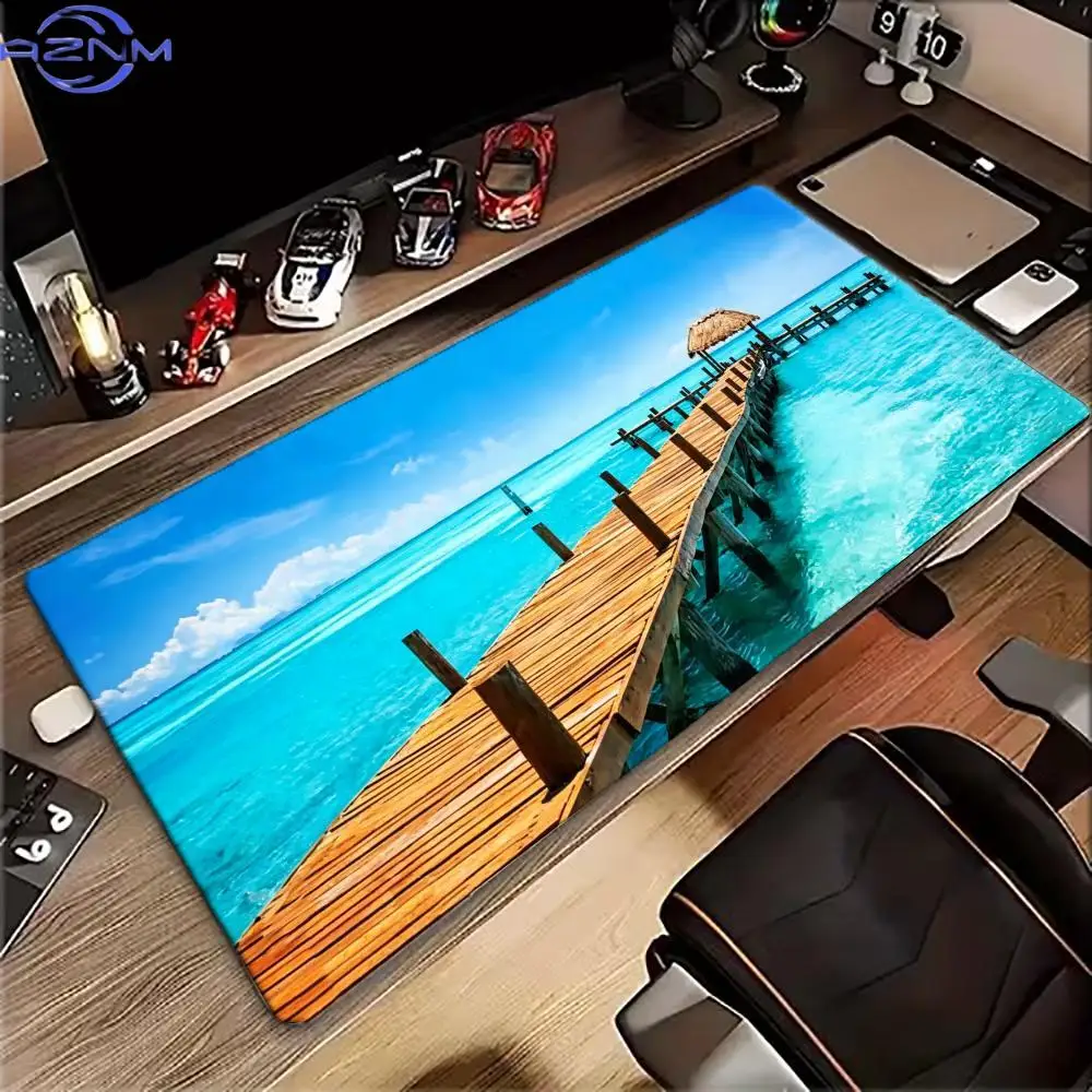Large Gaming MousePad Desk Mat Keyboard Pad Tropical Ocean Wooden Pier Beach Scenic Landscape Print Non Slip Rubber Nature Decor