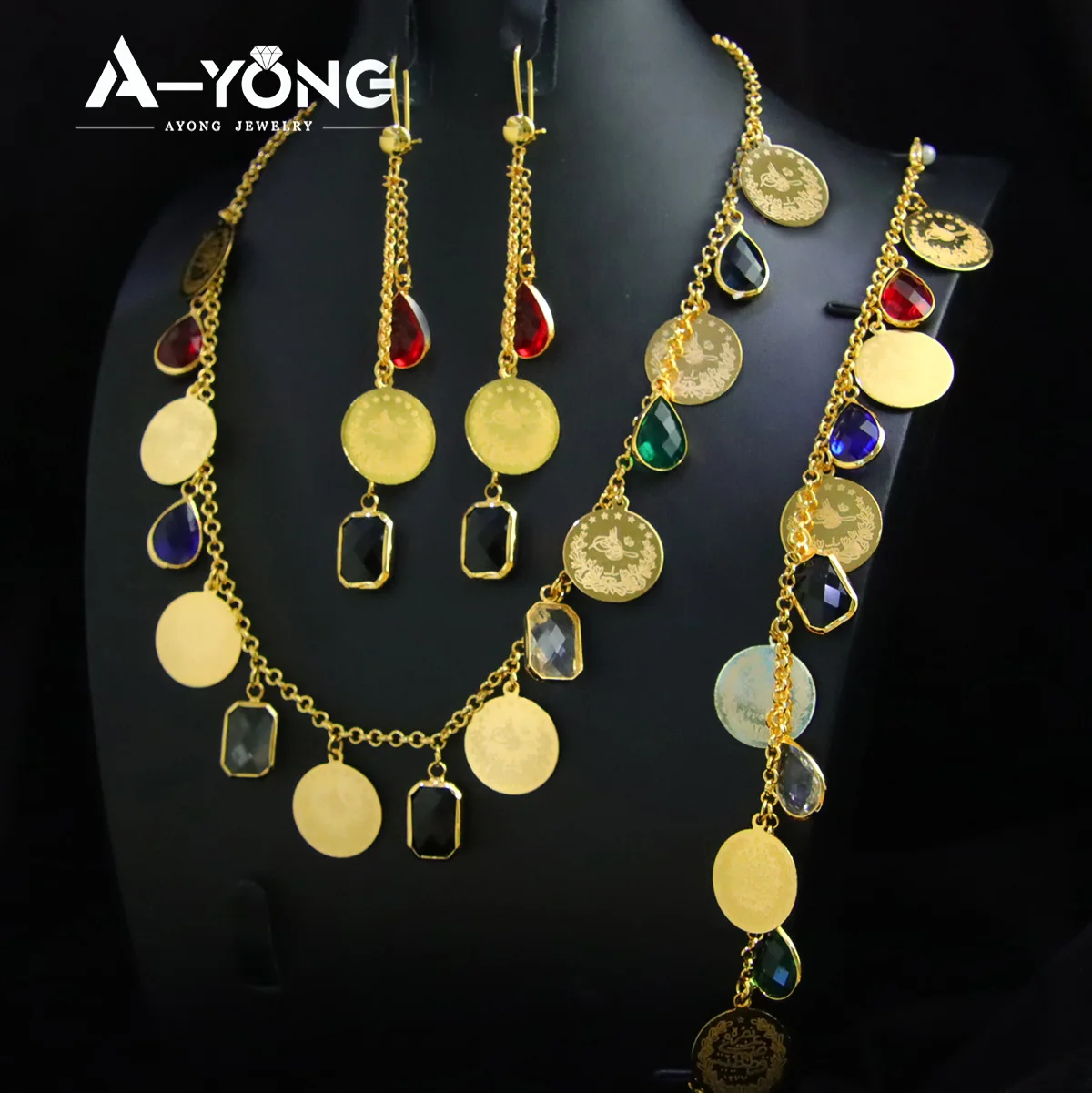 Luxus kubischen Zirkon Gold Farbe Münzen Anhänger Halskette Set 21 Karat vergoldet islamische Frauen Vintage Hochzeits feier Schmuck Geschenke – Detail 2