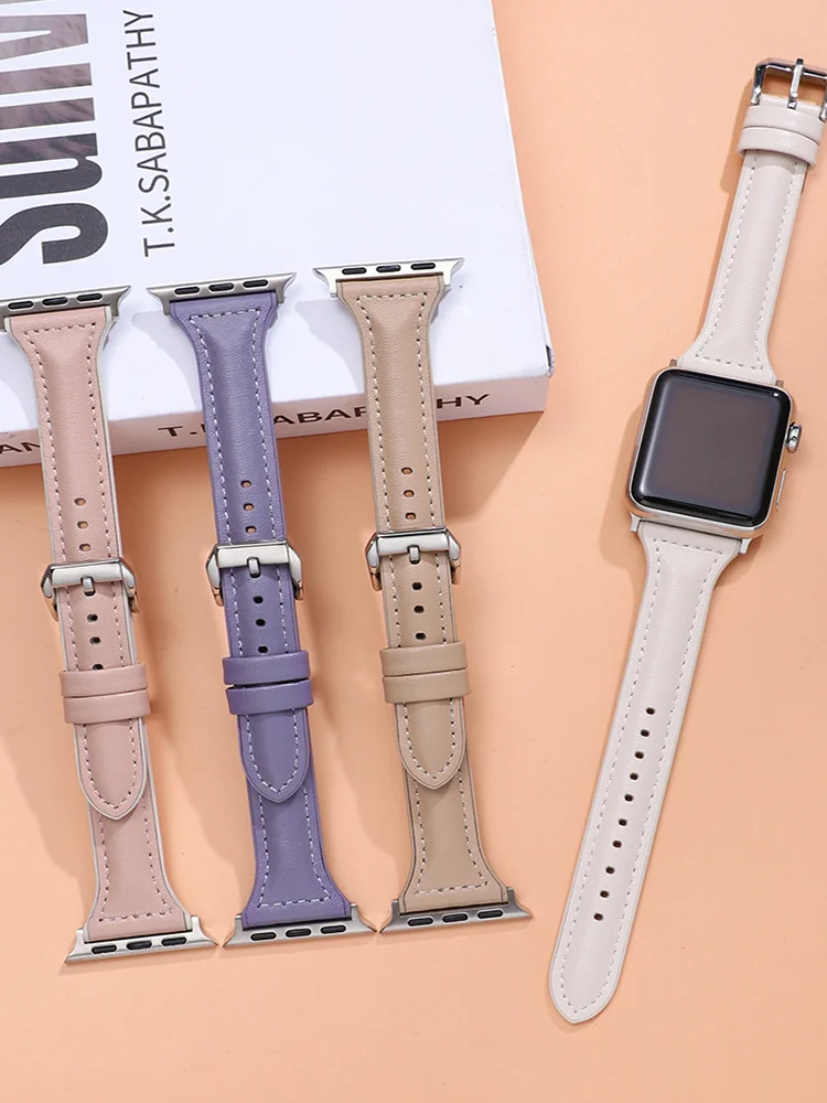 Slim leather strap for Apple Watch band ultra-2 49mm series 10 7 8 9 46mm 42mm 41mm/45mm 38mm bracelet iWatch SE 6 5 4 40mm/44mm