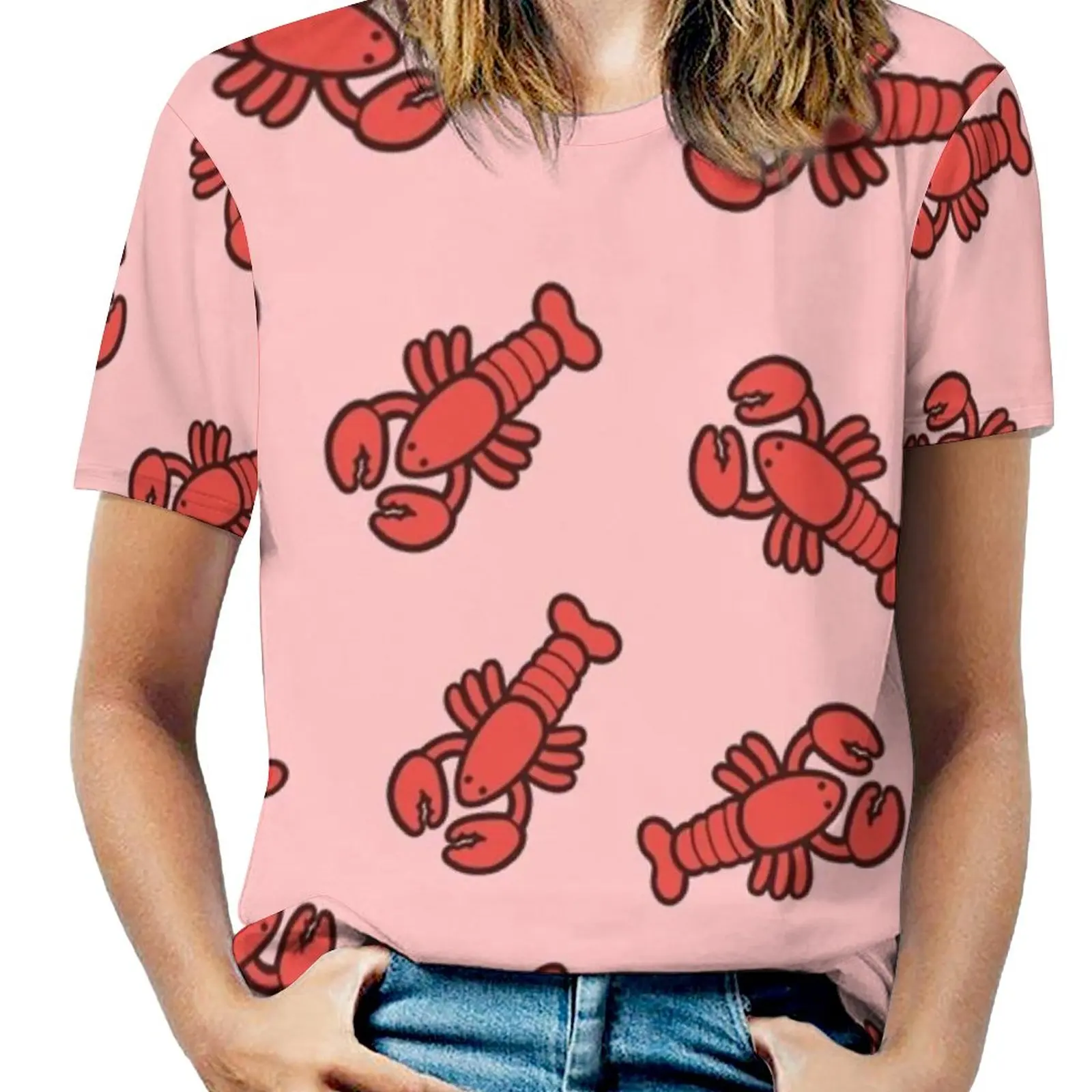 Lobsters Pattern On Light Pink Women'S T-Shirt Summer Fashion Print Floral V-Neck Zipper Tshirt Hollow Pullover Ladies Top