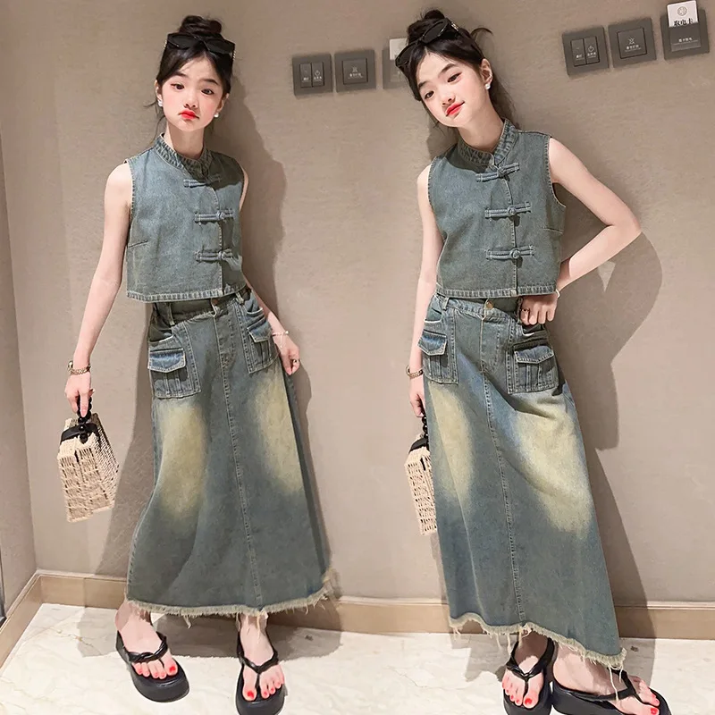 

summer teen girls clothes dress set Vintage buckle tops+denim skirt 2pcs youth kids suit children outfits ensemble enfant fille