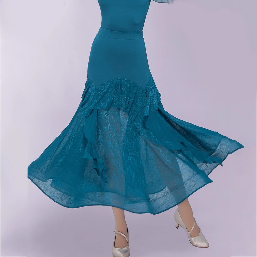 

Stage Skirt Women Rose Red Ballroom Dance Elegant Competition Blue Feather Black Waltz Lace Dance Skirt High Quality