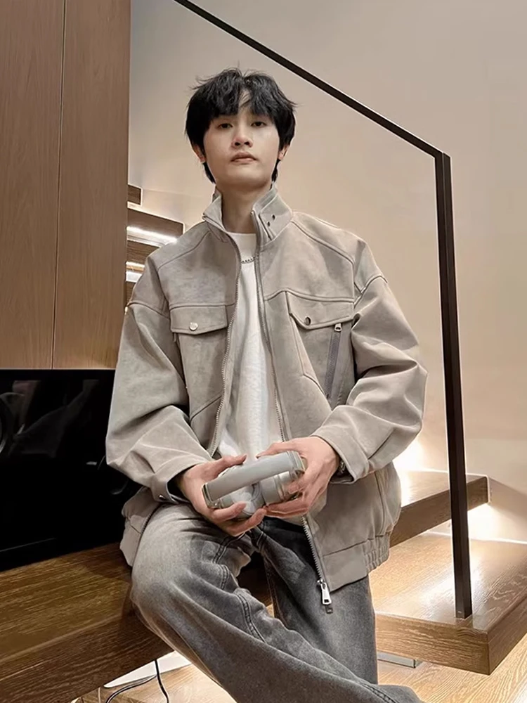 

ey PU Leather Jaet Men's Spring Autumn American Retro Cleanfit Workwear Baseball Jaet Unique Design Sense