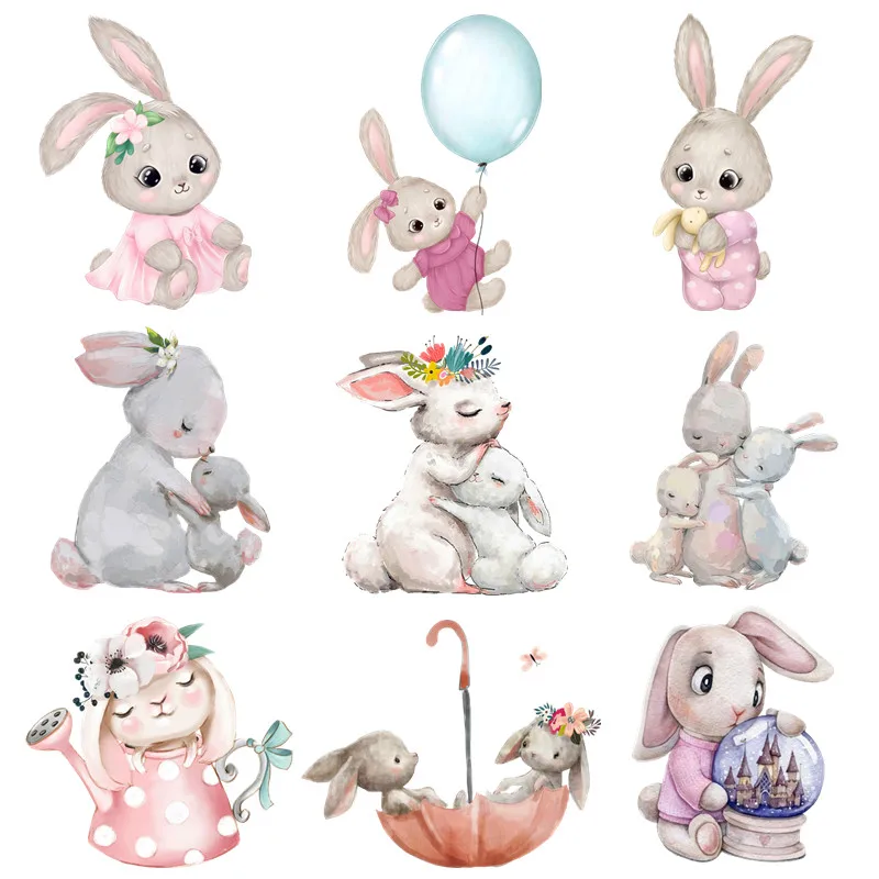 Cute Rabbit Series Kawaii Patches for Clothes Vynil Heat Transfer Thermal Stickers DIY Kids T shirt Iron on for Women Appliqued