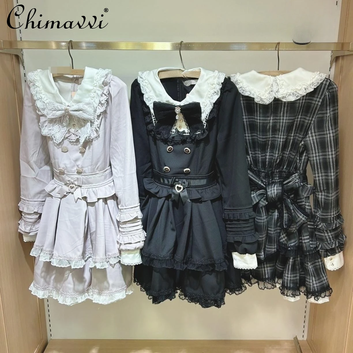 Outono inverno nova mina japonesa renda dupla camada saia vestido fino doce arco de manga comprida menina senhoras bonito lolita lag vestidos