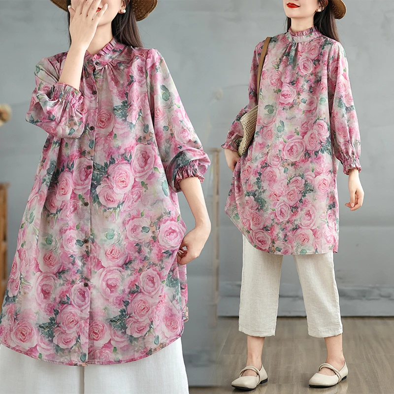 

Женская свободная рубашка с цветочным принтом в стиле ретро, с воротником и длинными рукавами, весенне-осенняя, средней длины, корейский стиль, для повседневной носки