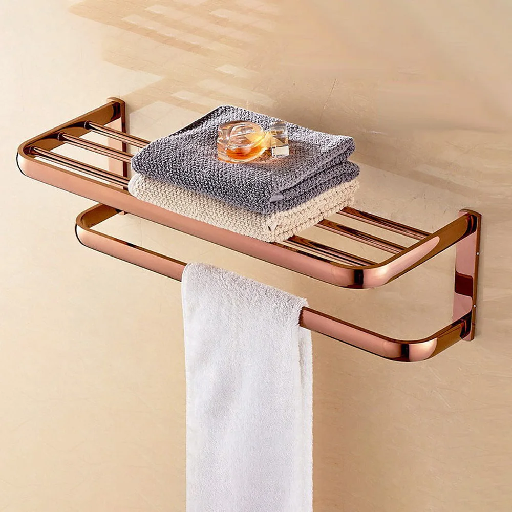 Bathroom Accessory Polished Rose Gold Color Brass Wall Mounted Bathroom Large Towel Rail Holder Storage Rack Shelf Bar aba865