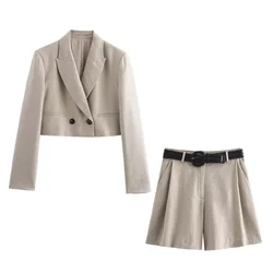 UNIZERA Autumn New Product Women's Fashion Versatile Buckle Decoration Short Suit Coat High Waist Belt Shorts Set