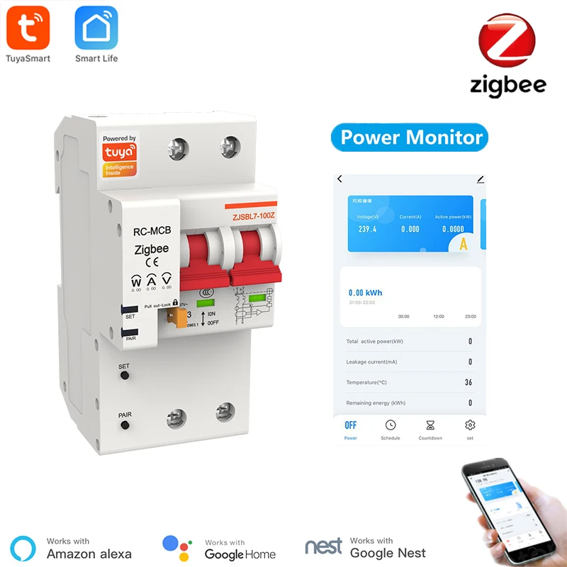 Tuya Zigbee Circuit Breaker 2P WiFi Switch Overload Short Circuit Protection Power Consumption Smart RC-MCB Alexa Compatible