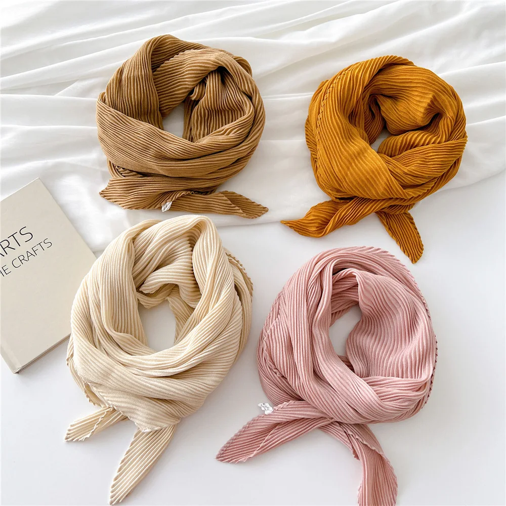 Large Bandana Head Scarfs Women Solid Color Wrinkle Hijab Scarf For Ladies 90cm Square Shawls and Wraps Soft Cotton Neck Scarves