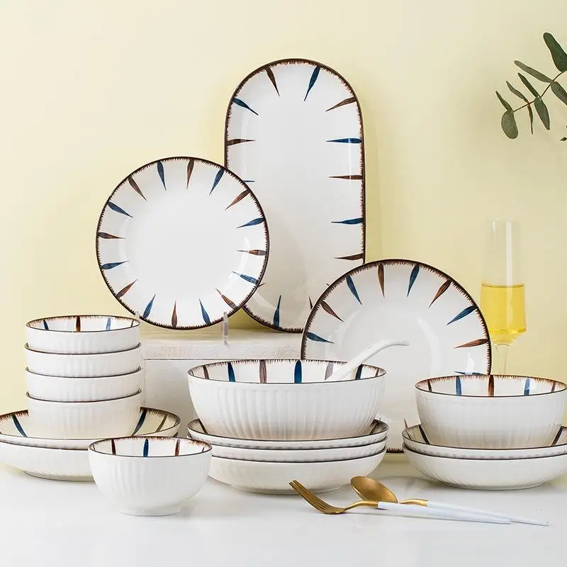 

Japanese Style Ceramic Bowl Plate Set Underglaze Color Dinnerware Set Home Use Adult round Shape Jingdezhen Origin Stripe Pat...