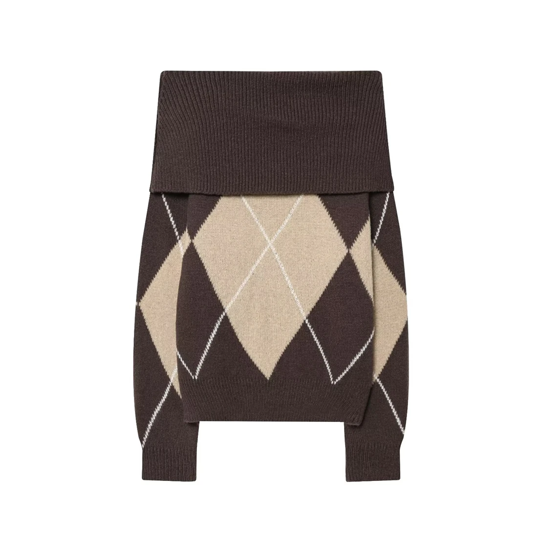Damski sweter z dzianiny z kołnierzykiem w romby, kontrastowe kolory, miękki, przyjazny dla skóry, przyciągający wzrok element do warstwowego stylizowania.
