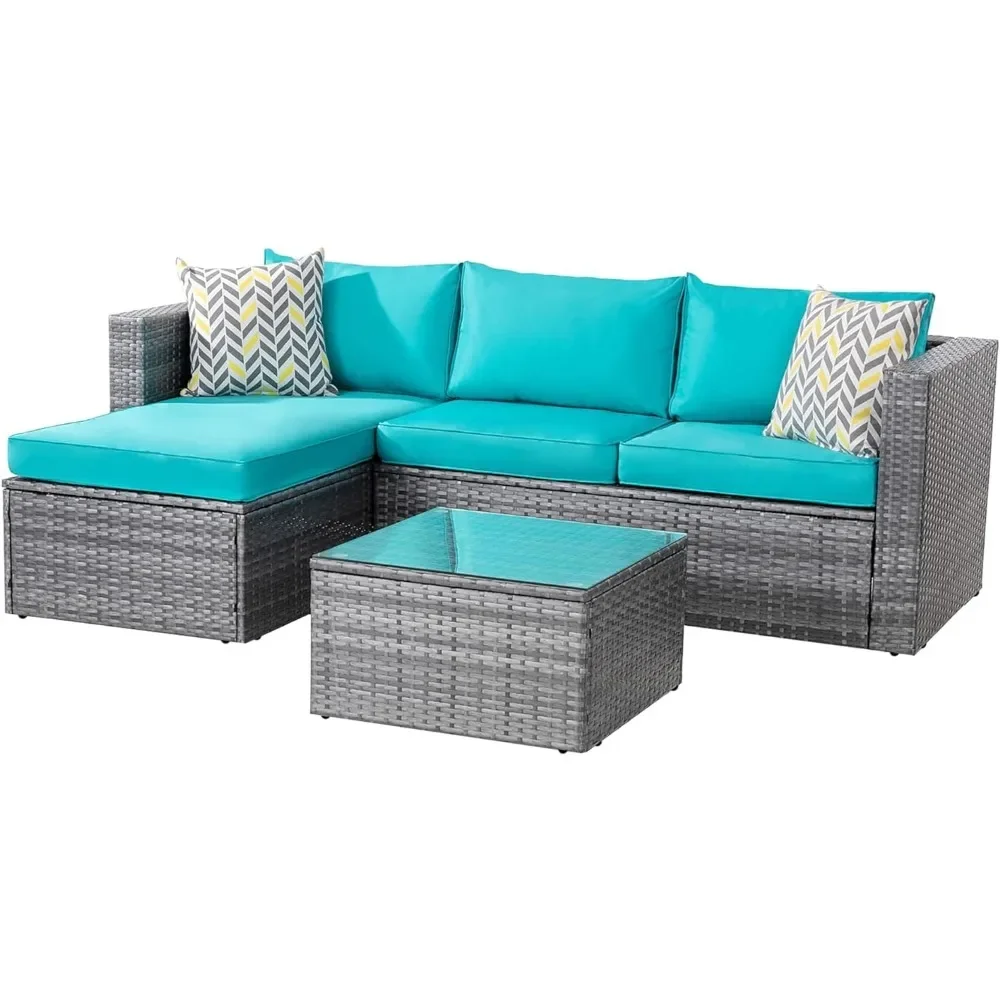 Outdoor Sofa Set 3 Pieces, All-Weather Rattan Wicker, with Washable Cushion and Glass Table, Patio Sofa Set