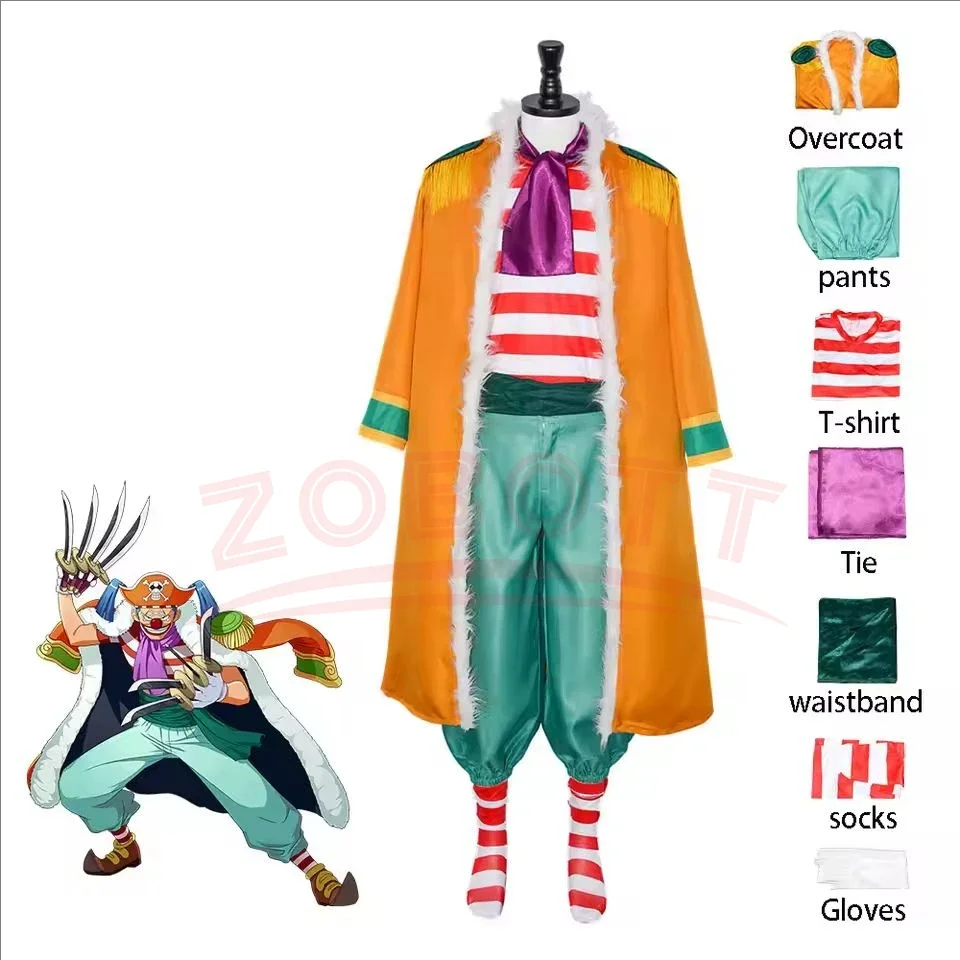 Anime Buggy Cosplay Costume Bara Bara No Mi Chop-Chop Fruit Yellow Cloak Stripe T-shirt Shoes Adult Man Halloween Clown Suit