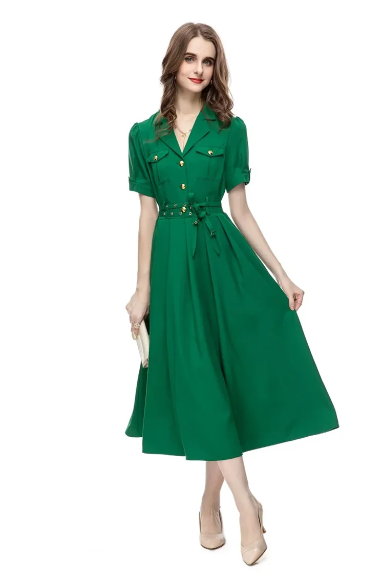 2023 New Designer Vintage Vestidos Women's Holiday Turn-down Collar Multi Pocket Button Sashes Green Long Dress