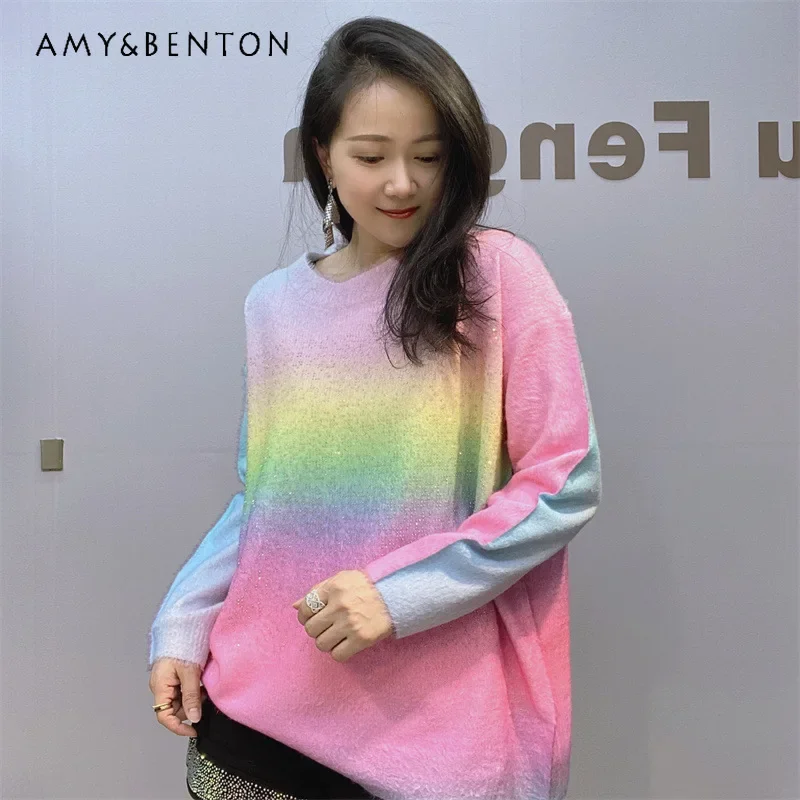 

2024 Winter New Fashion Knitwear Women's Heavy Industry Diamond Drills Knitted Sweater Long Sleeve Crew Neck Rainbow Sueter Girl