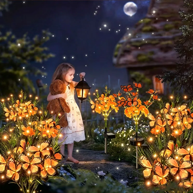 1-4pcs Solar Flower Stake Lights Marigold Lavender Glowing Butterfly for Wedding Ceremony Reception Garden Photo Prop
