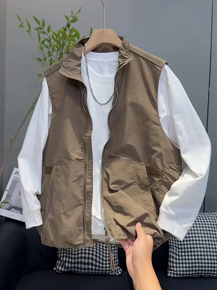 Outdoor Workwear Vest Men's Fashion Simple Functional Style Stand Collar Sleeveless Casual All-Match Outerwear Zipper Design