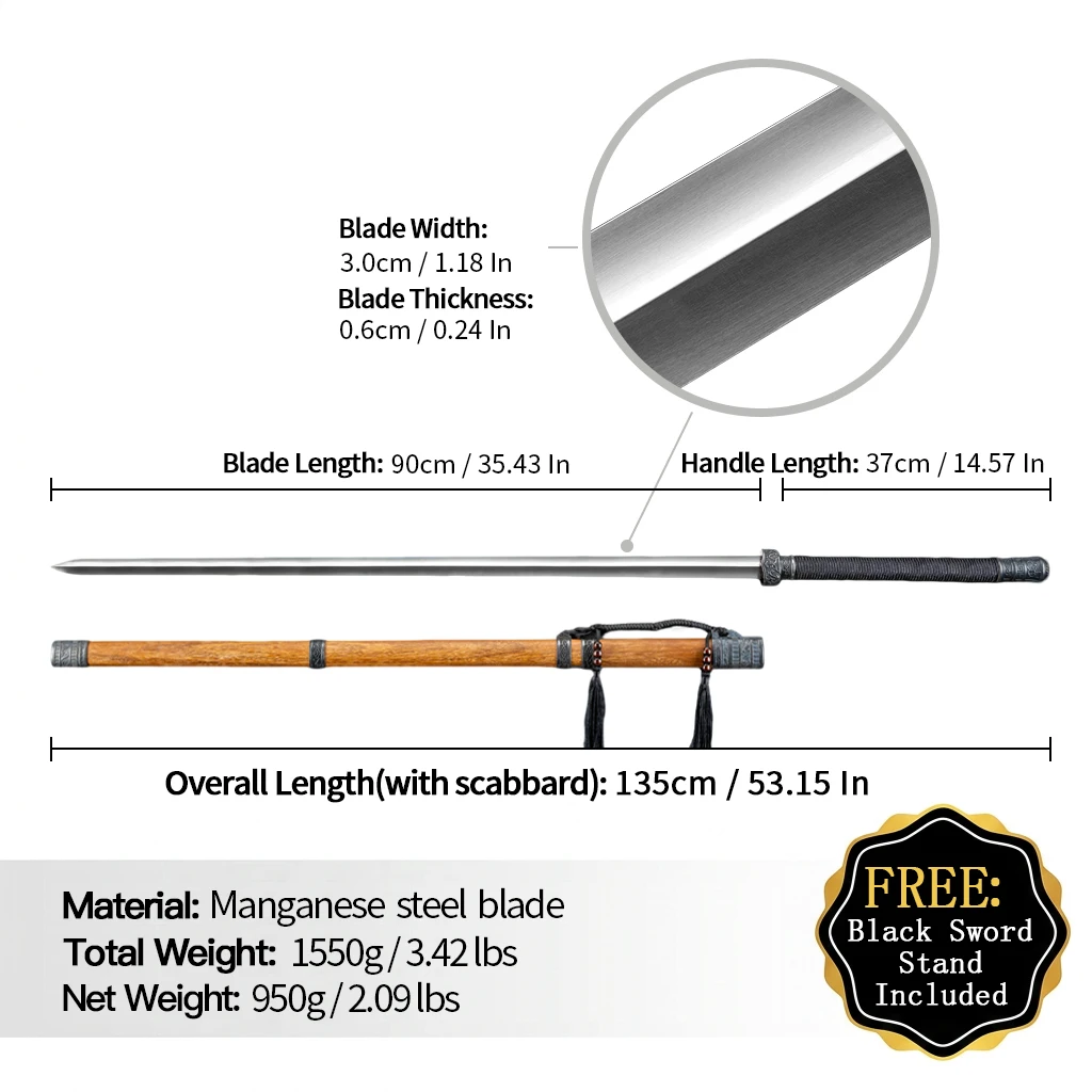 Chinese Two‑Handed Long Sword Longquan Hand‑Forged Martial Collectible Sword with Wood Scabbard for Display Chinese Han Sword