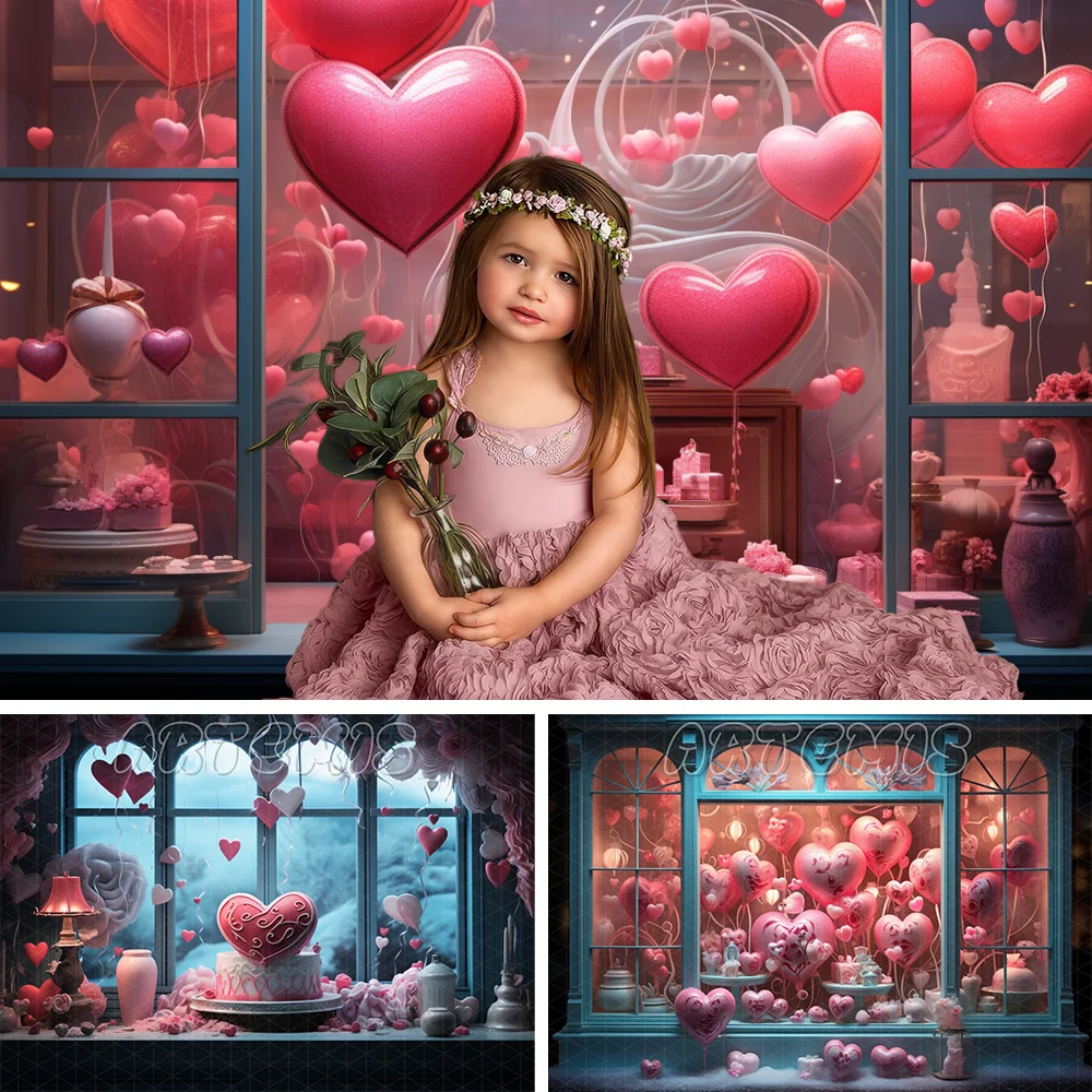 

Valentine's Day Photography Backdrop Window Pink Dreamlike Vintage Hearts Candy Love Decor Baby Birthday Background Photo Studio