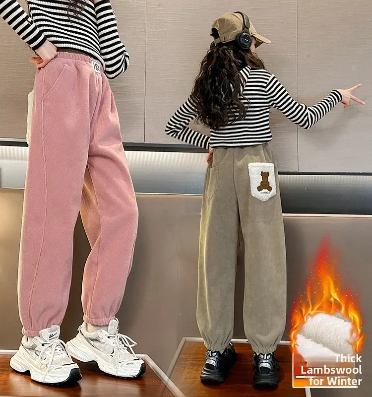 Thiened pele de cordeiro fce meninas calças inverno quente calças casuais das crianças inverno faion commute sle meninas calças compridas