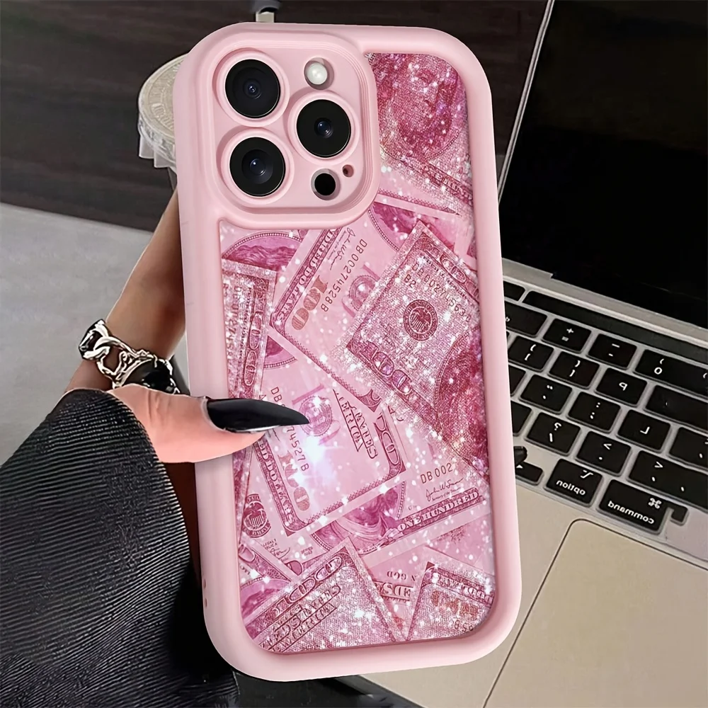 Funda de teléfono de silicona con diseño de billetes de cobertura completa de dólares rosas para iPhone 17 16 15 14 13 12 11 Pro Max X XS XR 7 8 Plus