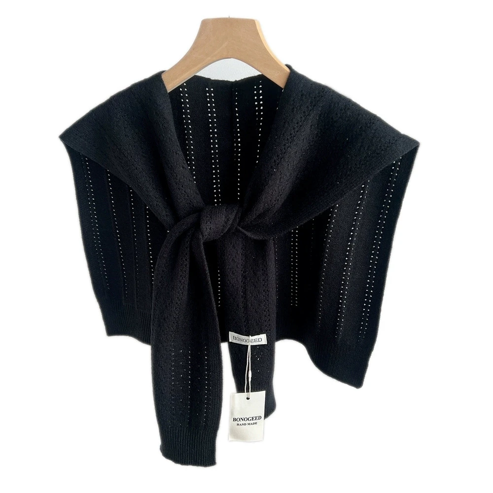 Korean Plain Basic Hollow Out Knitted Warm Shawl Winter Female Blouse Shoulders Fake Collar Cape Knotted Scarf Stripe Outerwear image 5