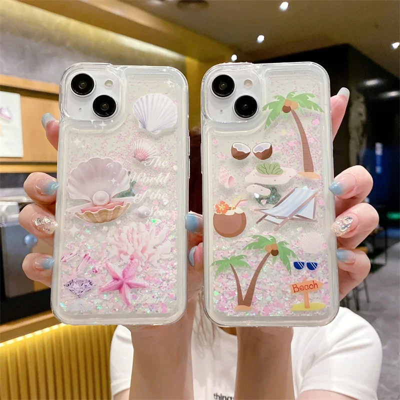 Coconut Tree Starfish Shell For Honor 200 100 90 80SE 70 60SE 50SE 30 Lite 30S 30i 20 Pro Case Glitter Liquid Quicksand Cover