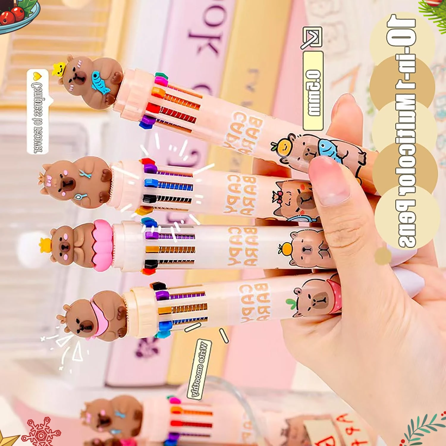24 Pcs Multicolor Ballpoint Pen 0.7 Mm Colored Fine Point Retractable Cute Cartoon Capy Bara Pens for Office School Supplies