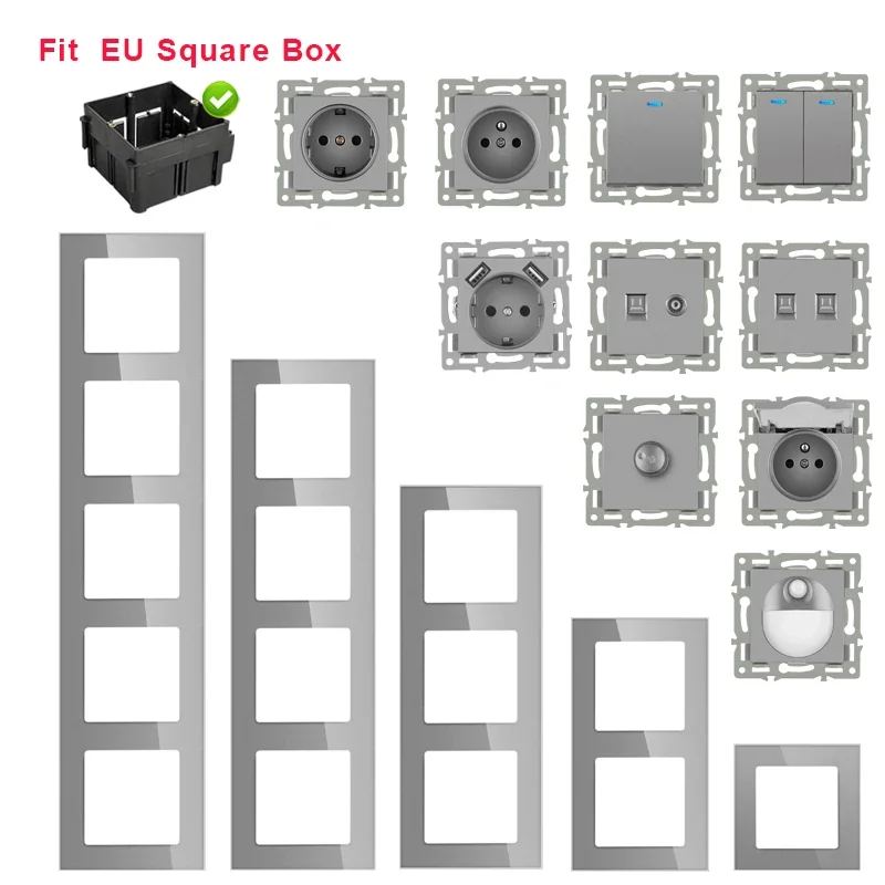 Module mural standard européen bricolage, panneau en verre cristal gris, prise de courant, fonction de bouton de commutation, combinaison gratuite