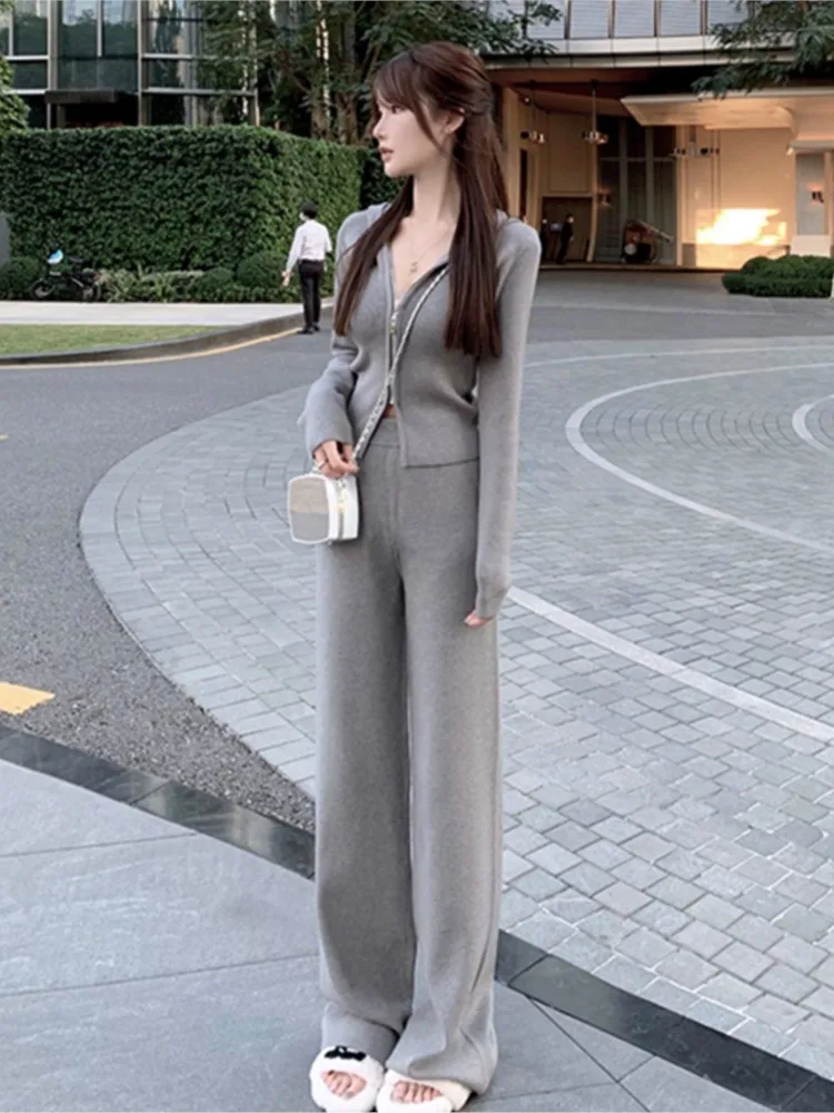 Women Fashion Slim Knitted Tracksuits 2 Piece Set Autumn Winter Casual Hooded Zip-up Short Coat Trousers Outfits Femme Clothing