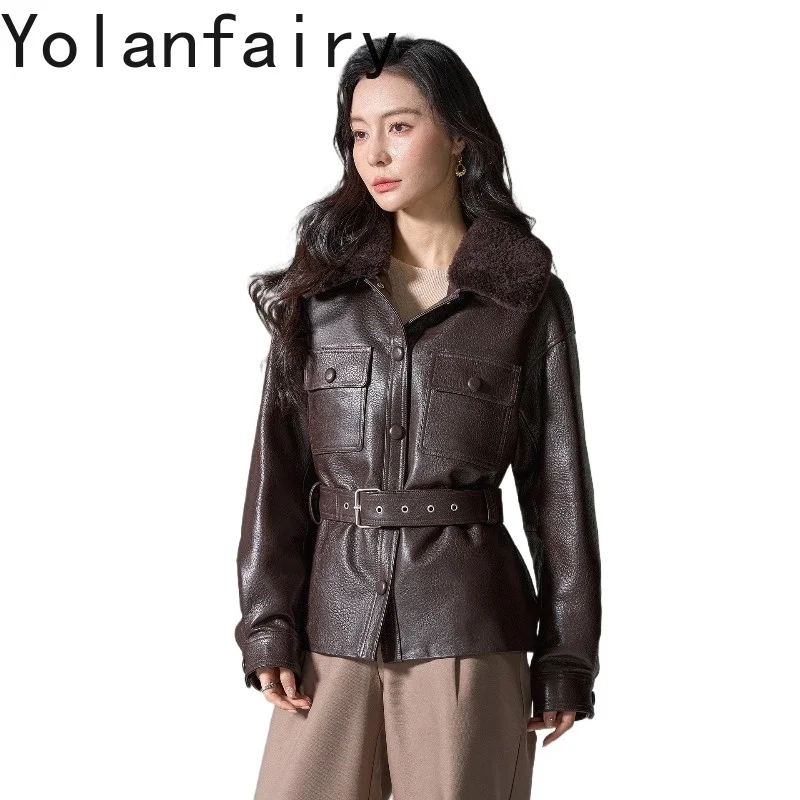 YOLANFAIRY Luxury 100% Real Sheepskin Puffer Coats Woman Winter Elegant Belted Genuine Leather Jacket Women Winter Down Jackets