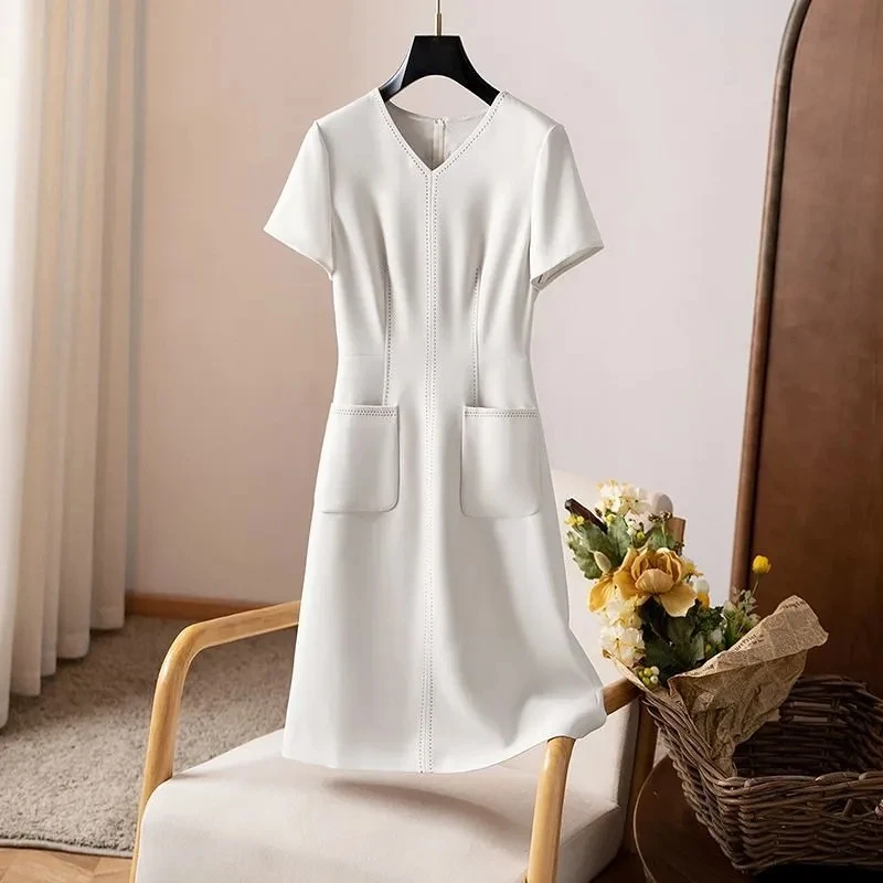 

Fashion V-Neck Loose Folds Mini Dress Women's Clothing 2024 Summer New Short Sleeve Office Lady Elegant Dress