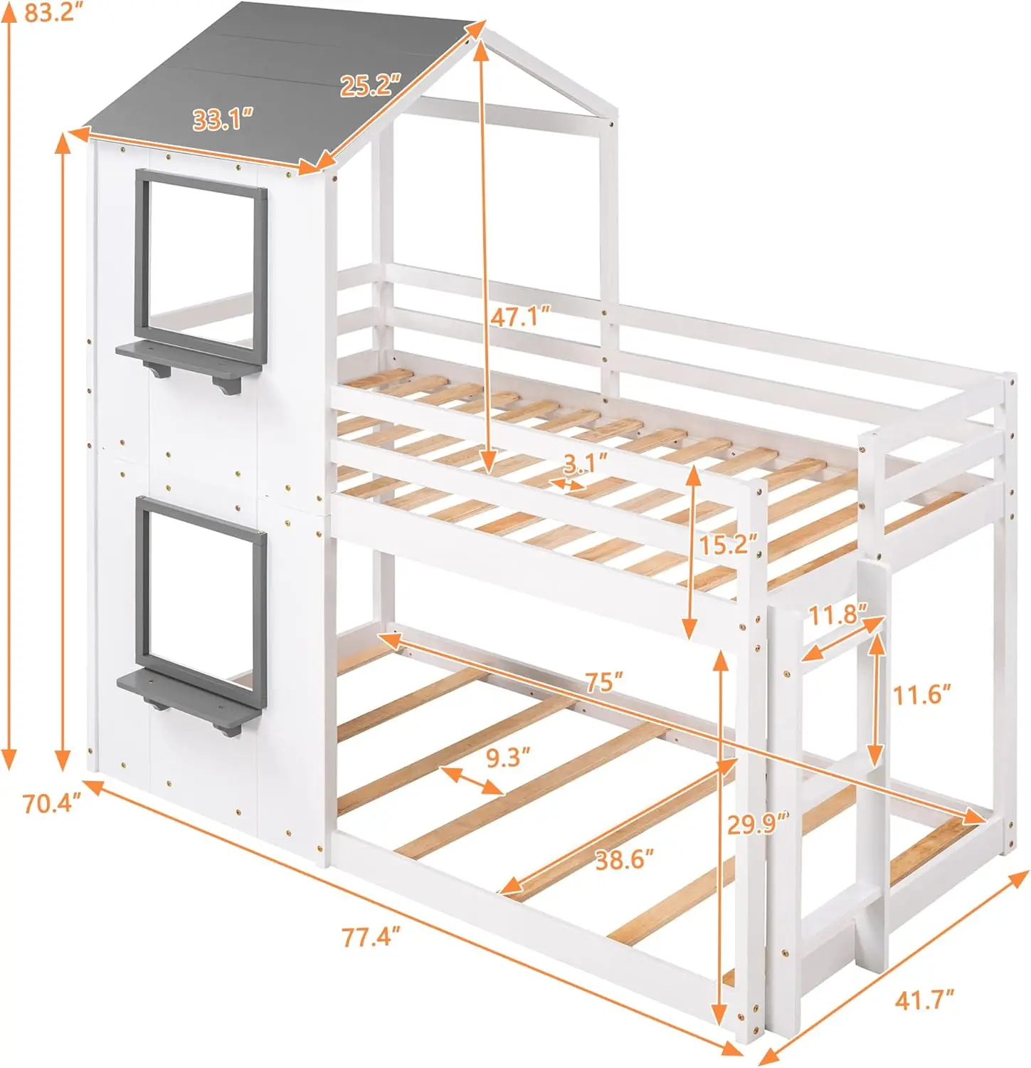 Bellemave Twin Bunk Beds With House Shape, House Bunk Bed With Roof, Window & Ladders, Twin Over Twin Bunk Bed For Kids Girls