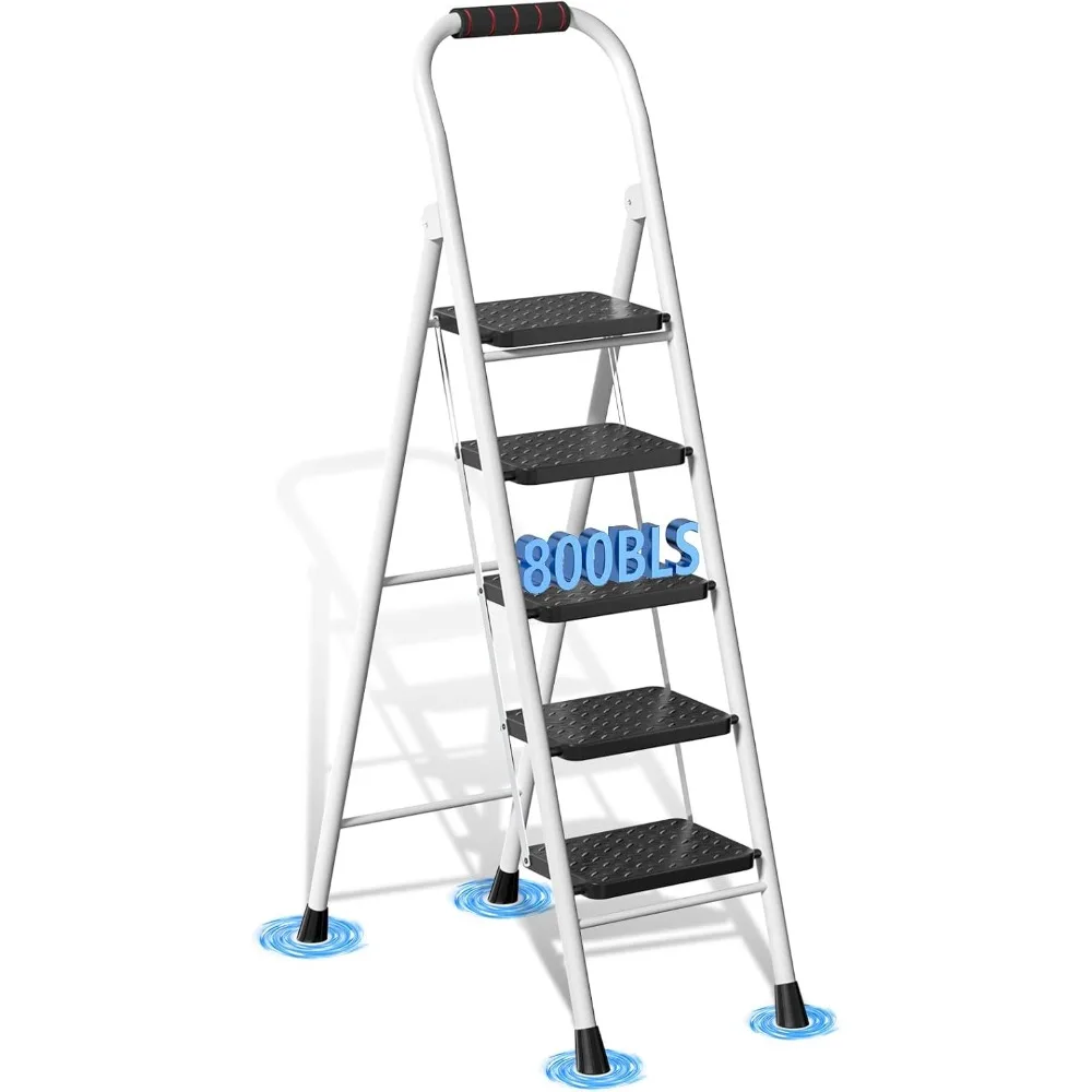

5 Step Ladder, Folding Step Stool with Wide Anti-Slip Pedal & Thick Rubber Feet, Handrail, Safe-Lock Design, Folding Portable La