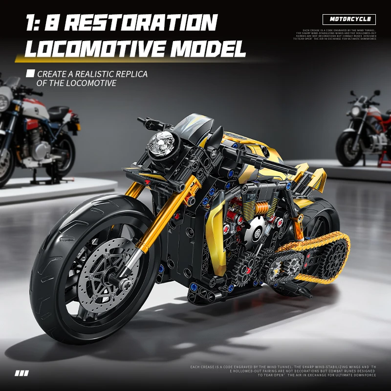

1:8 Scale Motorcycle Building Blocks Set, Yellow Track Motorbike Model Kit with Realistic Mechanical Details, DIY Construction T