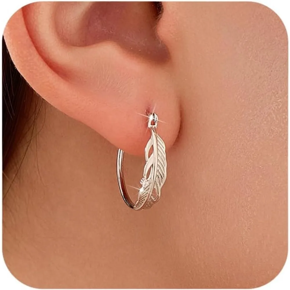 

14k Gold Plated Feather Filigree Hoop Earrings Leaf CZ Animals Huggie Round Hypoallergenic Jewelry Gift for Daughter