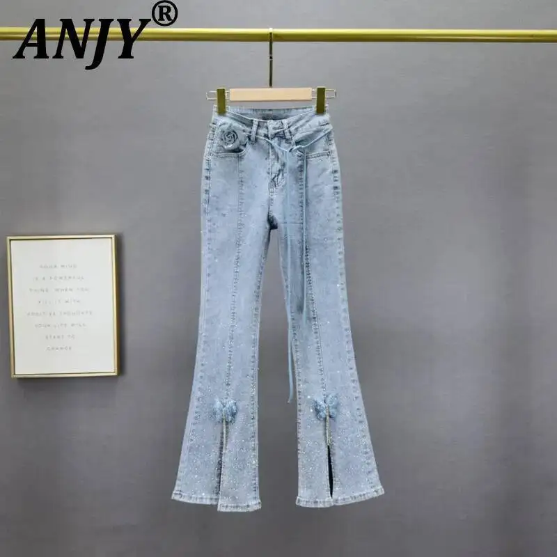ANJY Spring Summer New Women Design Three-dimensional Floral Butterfly Split Bootcut Jeans Elegant Diamonds Cropped Pants A23823