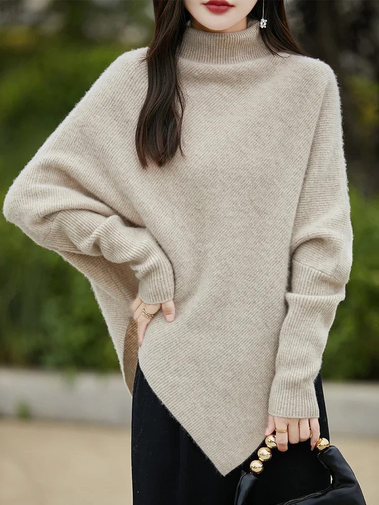 

Women Turtleneck Sweater Shawl 100% Merino Wool Knitwear Top Autumn Winter Batwing Sleeve Cashmere Pullover Soft Rhombus Shawl