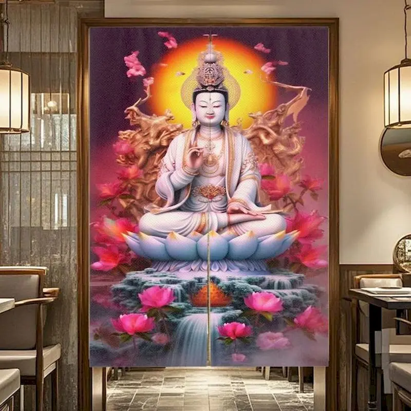 VIKAMA Watercolor Sakura & Robin Door Curtain, 6 Designs, Polyester Noren Doorway Cover for Home