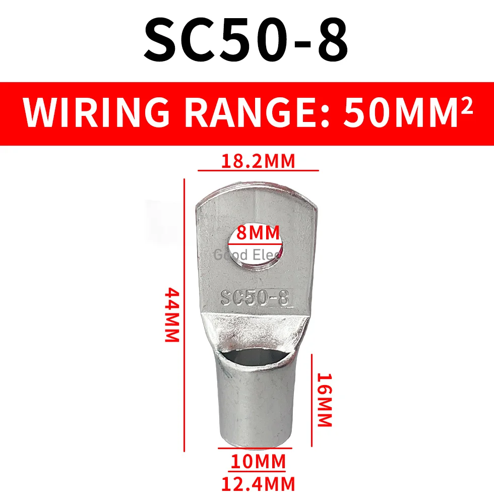 10PCS SC50-6 SC50-8 SC50-10 SC50-12 Tin Plated Copper  Bolt Hole 50mm² Cable Wire Cable Lug Battery Connector Crimp Terminal