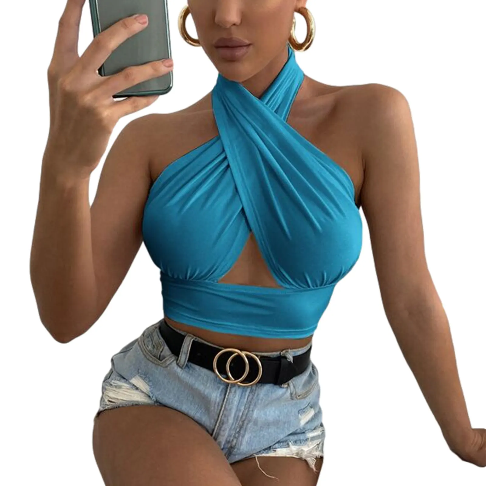 2024 New Fashion Women Summer Crop Tops Sexy Solid Color Cross y2k Halter Neck Push Up Hollow Crop Tops Lady High Street Wear