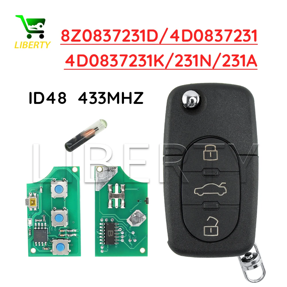 Ly 4D0837231/A/K/N 8Z0837231D 433Mhz 3Button ID48 Chip Key Fob Car Remote Flip Key for Audi A3 A4 A6 A8 TT RS4 Quattro 1994-2004