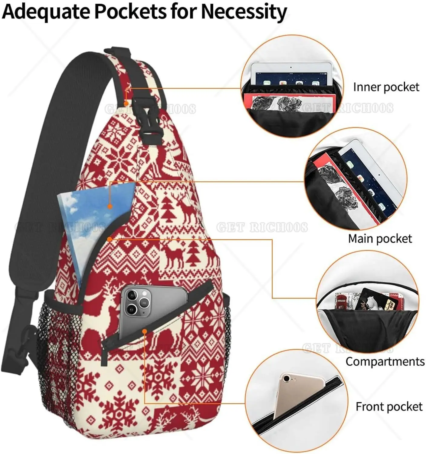 Vintage Christmas Tree Plaid Crossbody Sling Backpack Sling Bag Xmas Snowaflake Chest Bag Daypack for Hiking Traveling Outdoors