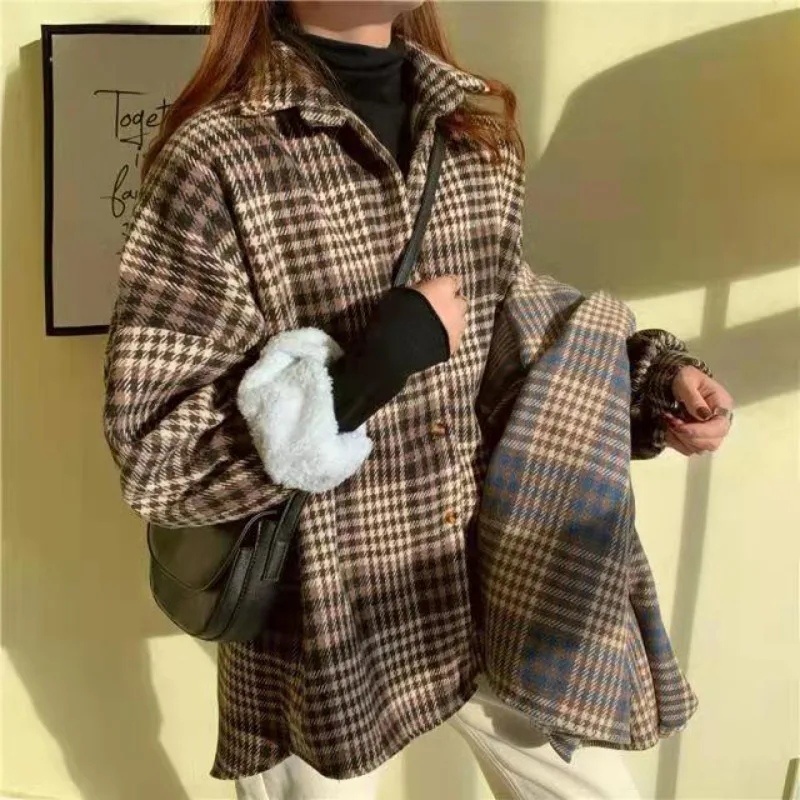 QWEEK Plaid Vintage Fleece Shirt Korean Style Office Harajuku Women's Blouse Oversized Long Sleeve Button Up Outerwears Winter