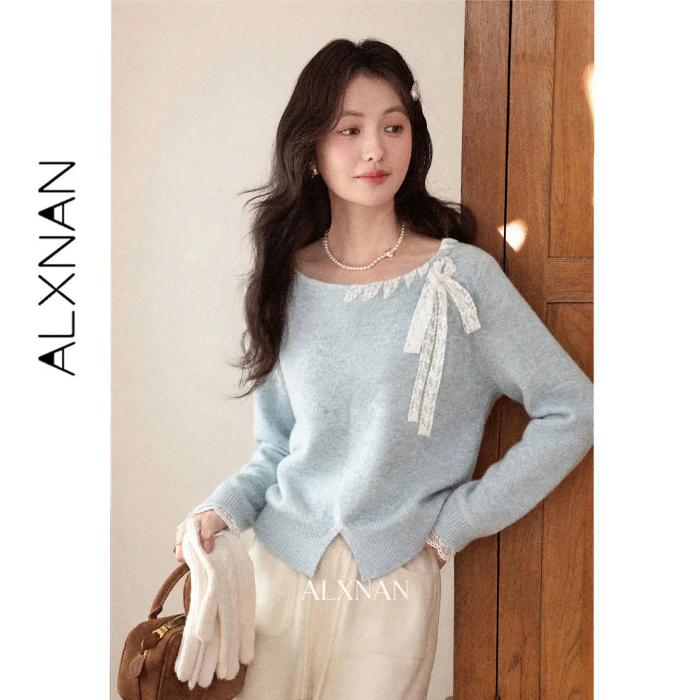 ALXNAN Women's Light Blue Knit Sweater Lace Bow Square Neck Long Sleeve Loose-fit Sweet Fall Pullover with Hem Slit DYL663140