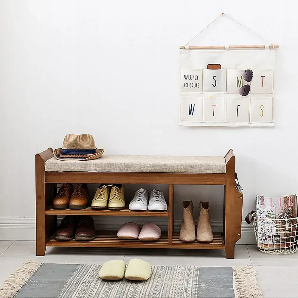 

jz New 2 Tier Shoe Bench, Shoe Rack with Hidden Drawer and Side Holder