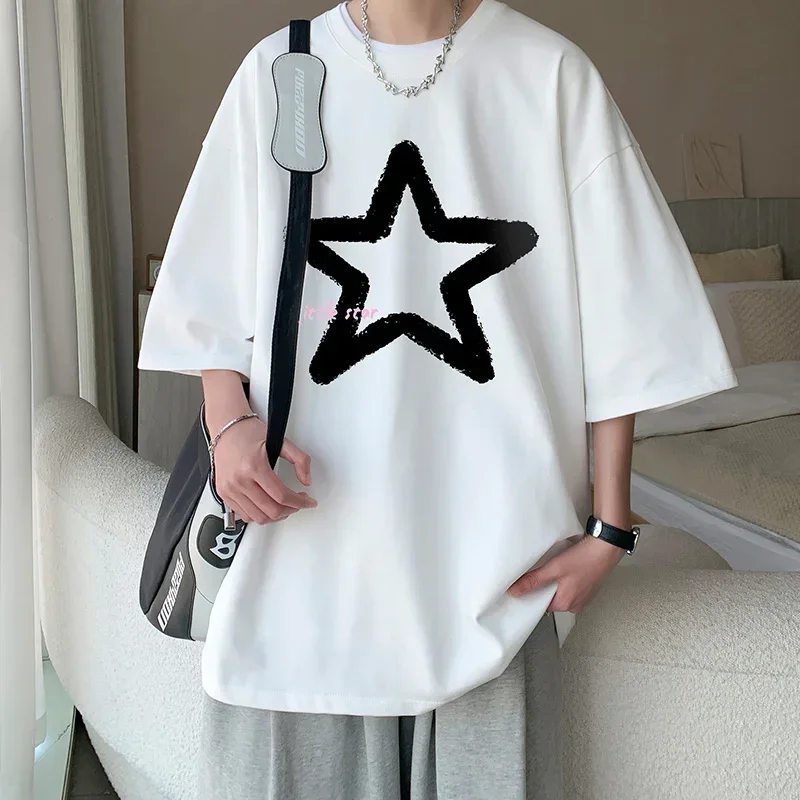 Men's Cotton T-shirts White Mens Oversized T Shirt Summer Casual Wear 5XL Five-pointed Star Print Tee Shirts Big Size Clothes